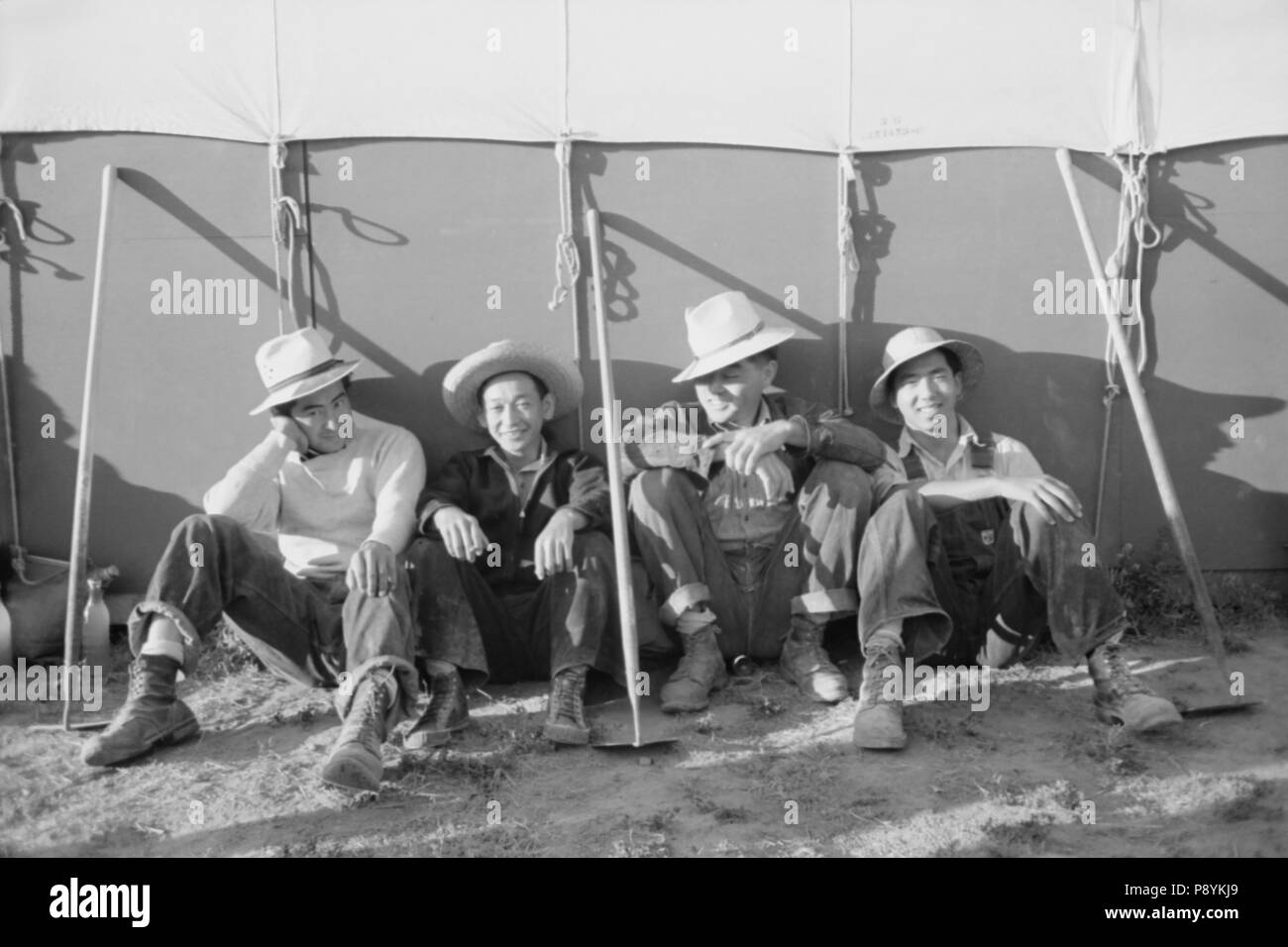 Japanese-American Farm Workers outside their Tent, Farm Security Administration (FSA) Mobile Camp, Nyssa, Oregon, USA, Russell Lee, Farm Security Administration, July 1942 Stock Photo