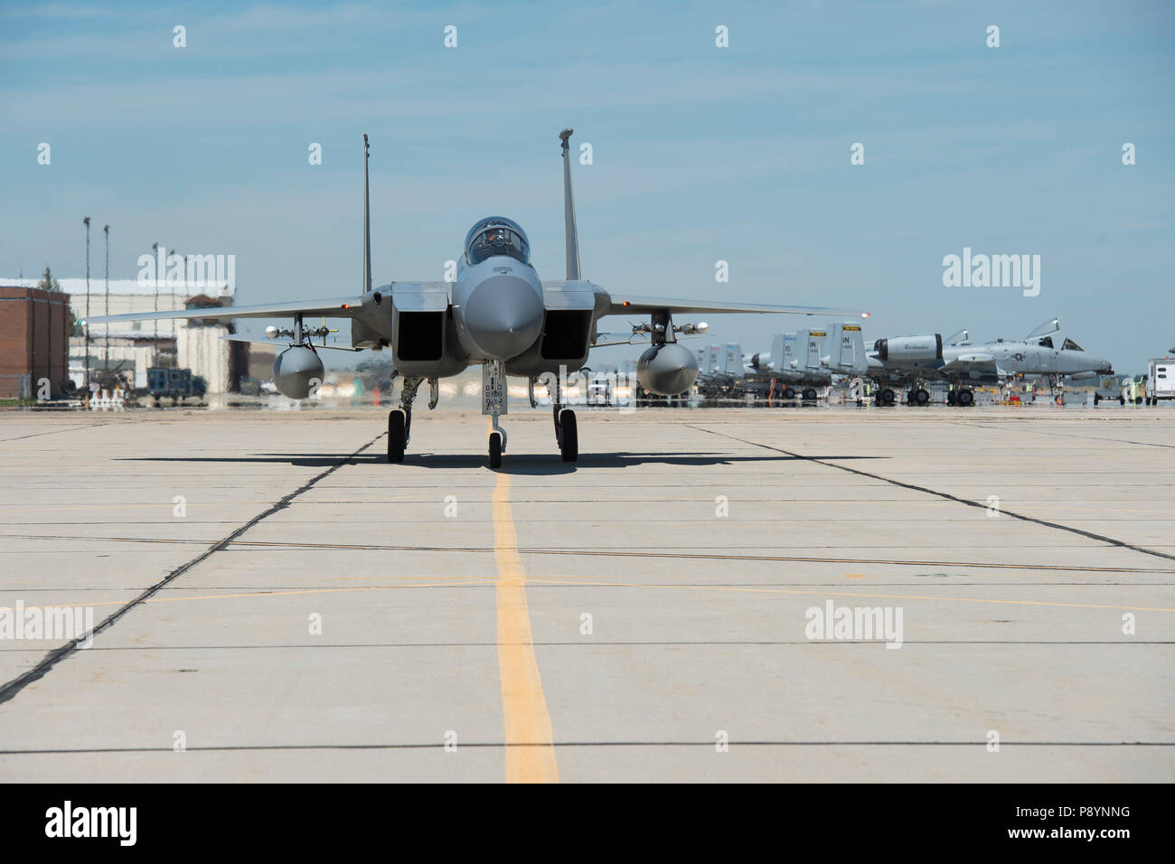 F-15Cs from the 122nd Fighter Squadron of the 159th Fighter Wing, Naval Air Station Joint Reserve Base New Orleans, Louisiana, land at Gowen Field, Boise, Idaho on July 13, 2018. The 122FS is in Boise to perform dissimilar air combat training with the 190th Fighter Squadron's A-10 Thunderbolt IIs. (U.S. Air National Guard photo by Master Sgt. Joshua C. Allmaras) Stock Photo