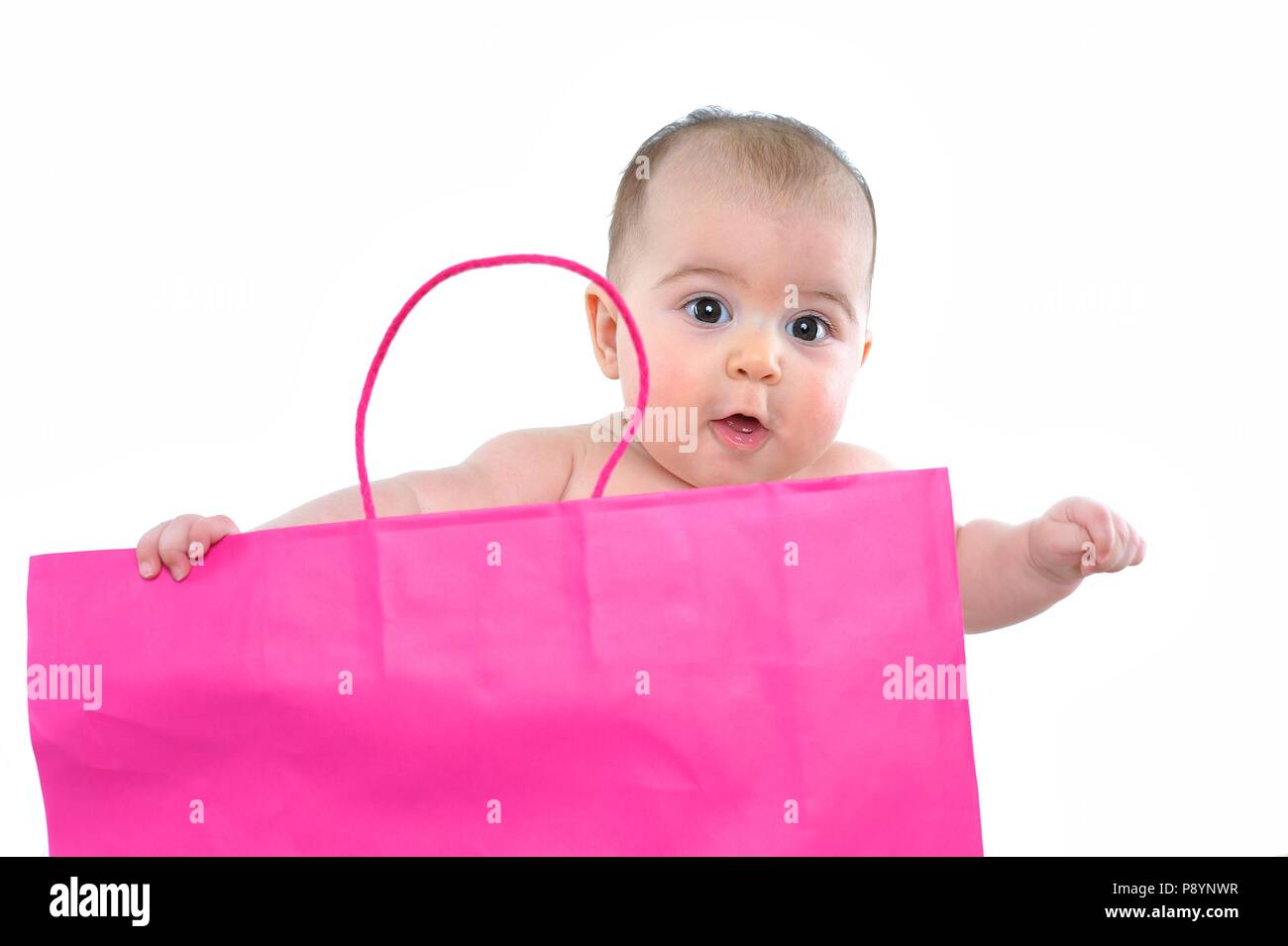 Baby with a shopping bag, flying to go shopiing Stock Photo Alamy