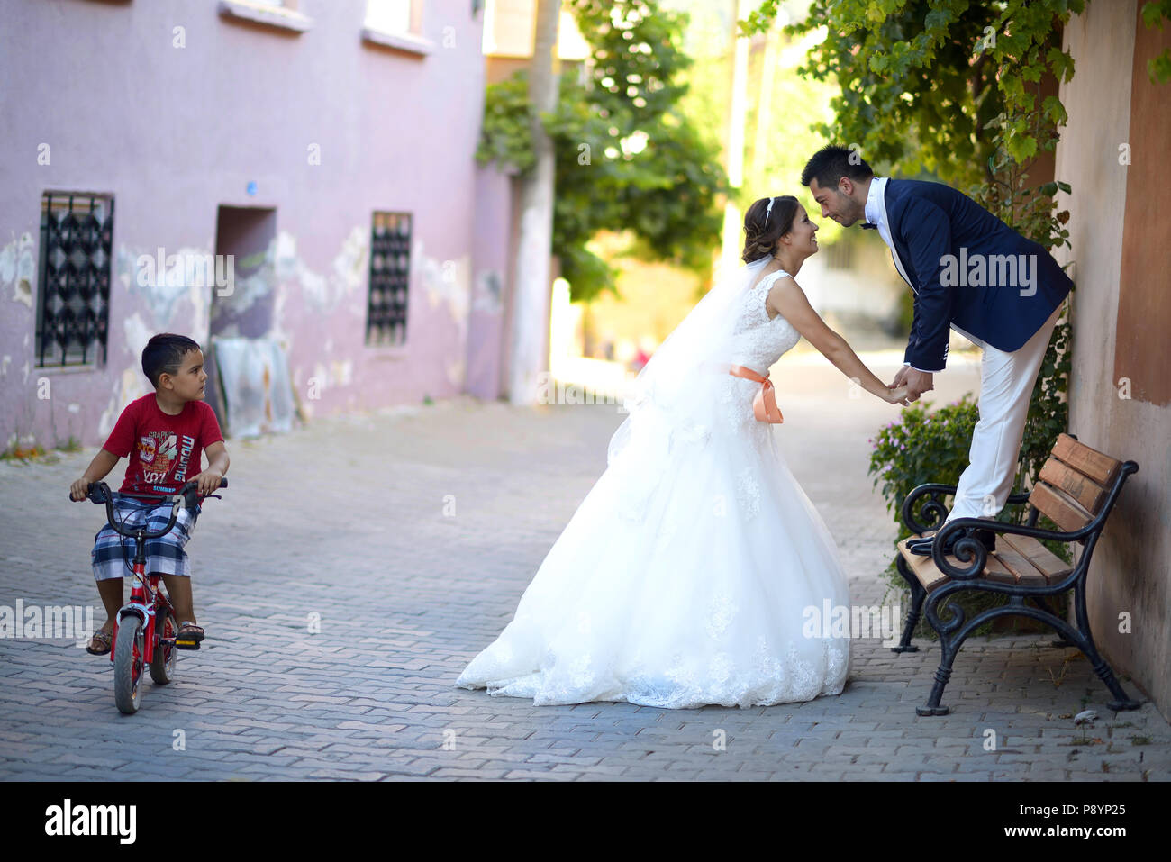 Wedding bride and groom bridegroom funny wedding photo  love marriage marrying couple Stock Photo