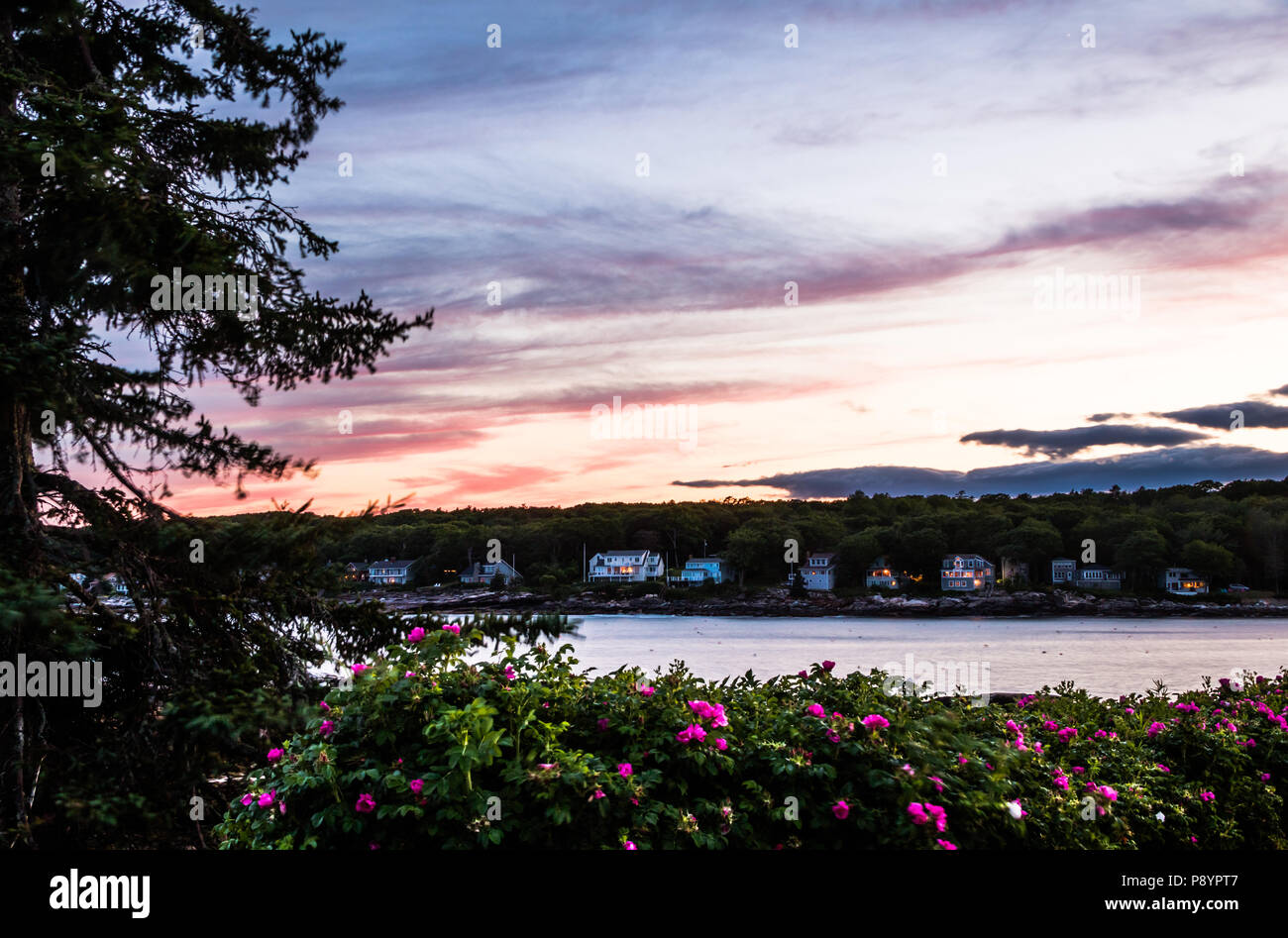 Stormy summer sunset sky over Long Cove in Bristol, Maine Stock Photo