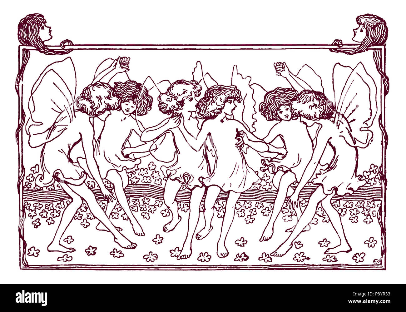 Dancing fairies with butterfly wings from 1896 illustration. Stock Photo