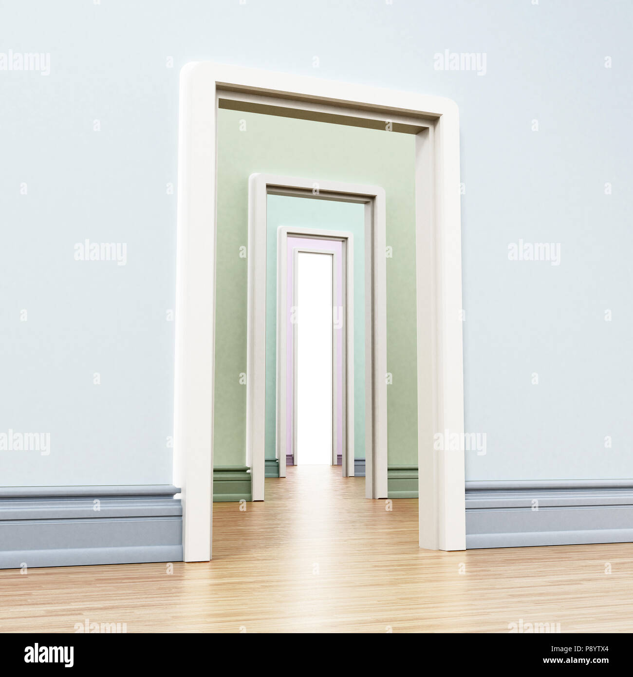 Hallway with many doors opening to each other. 3D illustration Stock
