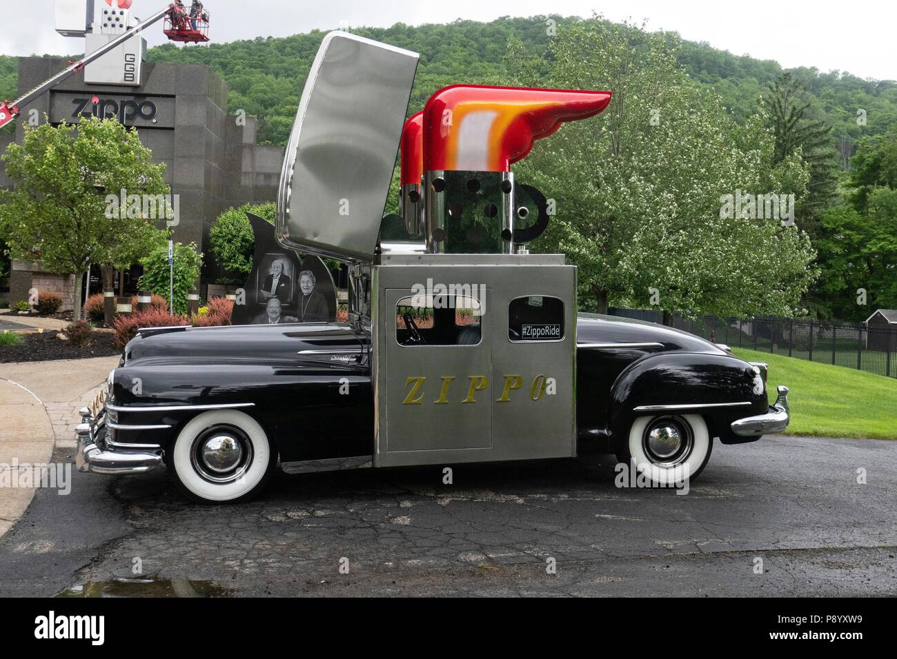 The Zippo car, created from a 1947 Chrysler Saratoga automobile, is photographed in front of zippo Museum in Bradford Pennsylvania. Stock Photo