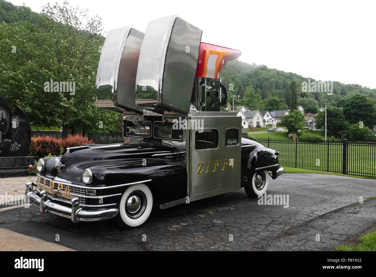 The Zippo car, created from a 1947 Chrysler Saratoga automobile, is photographed in front of zippo Museum in Bradford Pennsylvania. Stock Photo