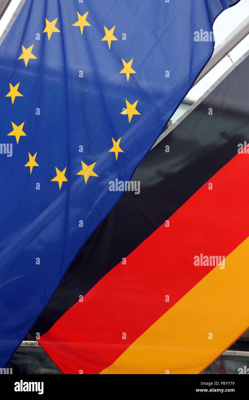 Reischach, Italy, flag of the European Union and national flag of the Federal Republic of Germany Stock Photo