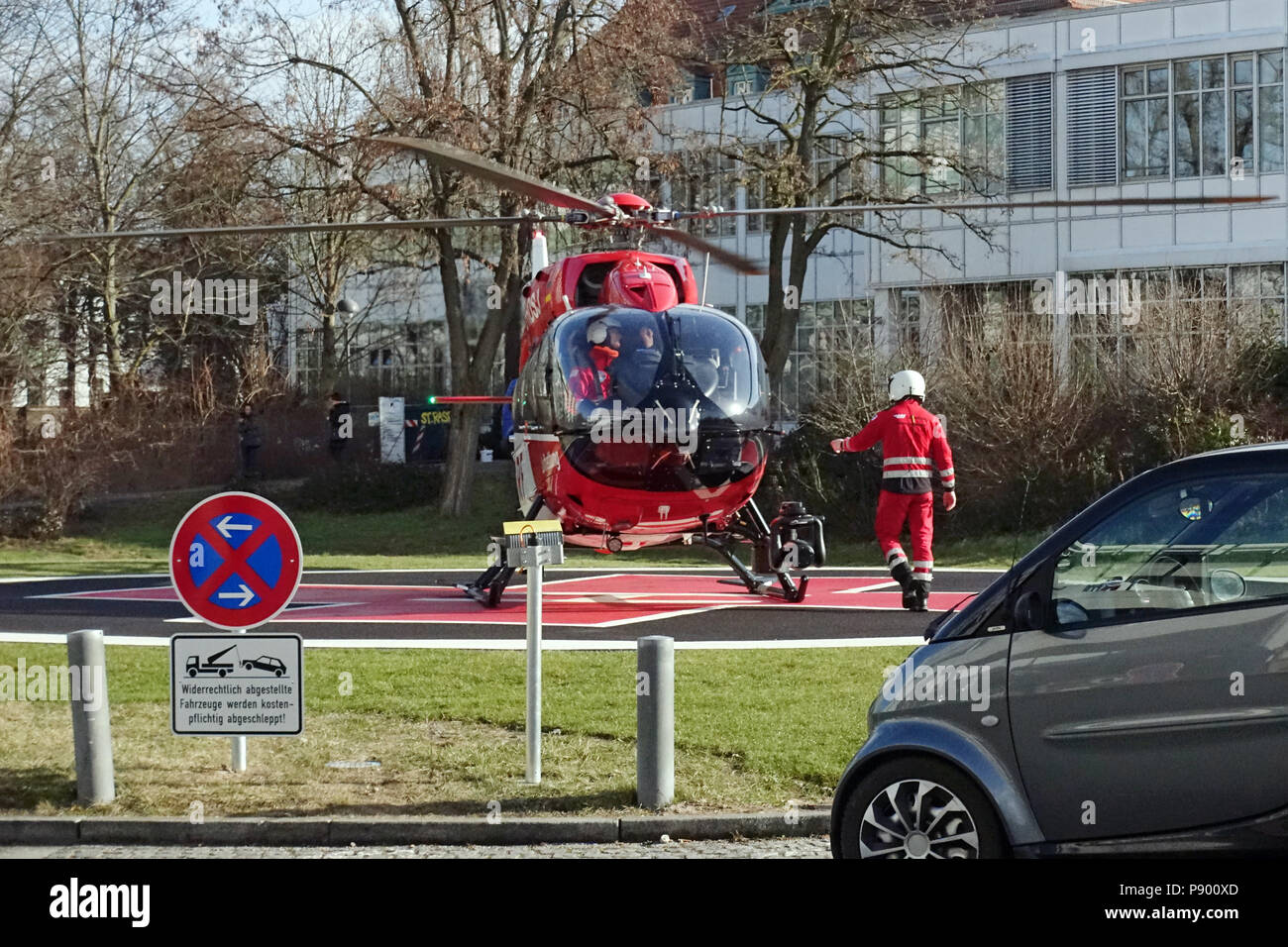 Berlin, Germany, Rescue helicopter of the DRF Luftrettung on the landing site of Vivantes Klinikum Neukoelln Stock Photo