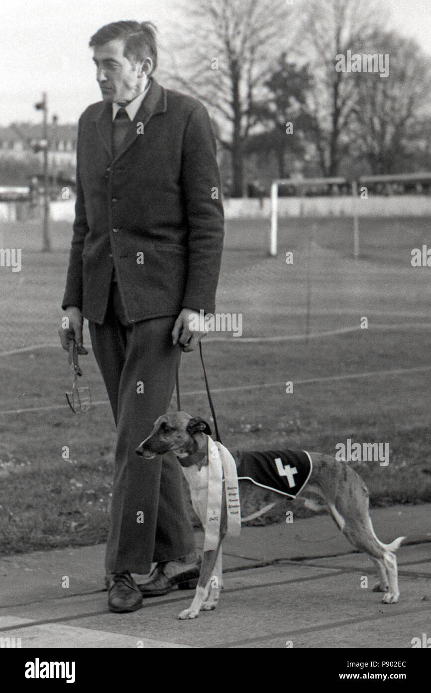 Dresden, East Germany, owner of a greyhound is disappointed after his second place in a greyhound race Stock Photo