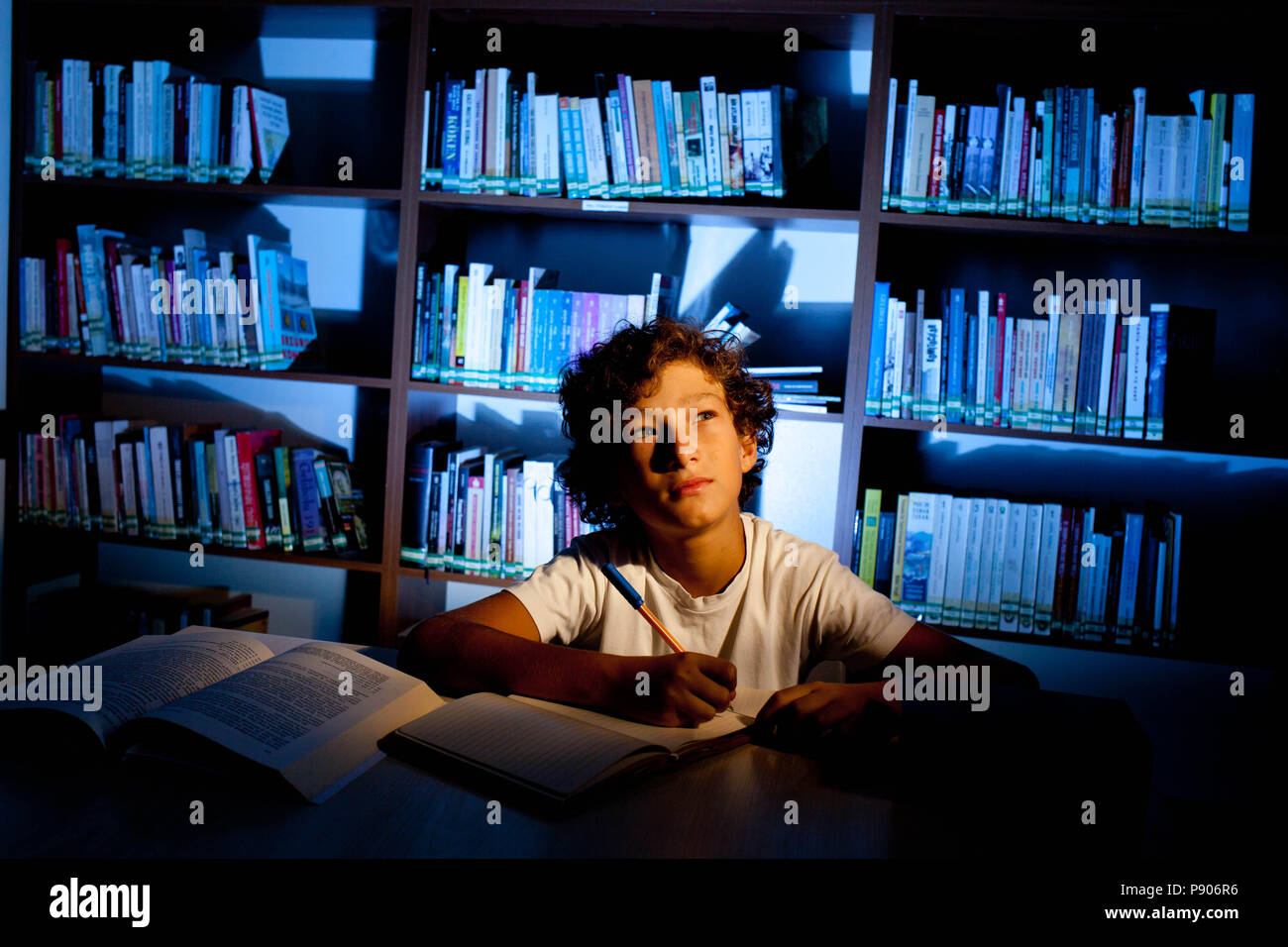 Child studying in the library, thinking, day dreaming Stock Photo