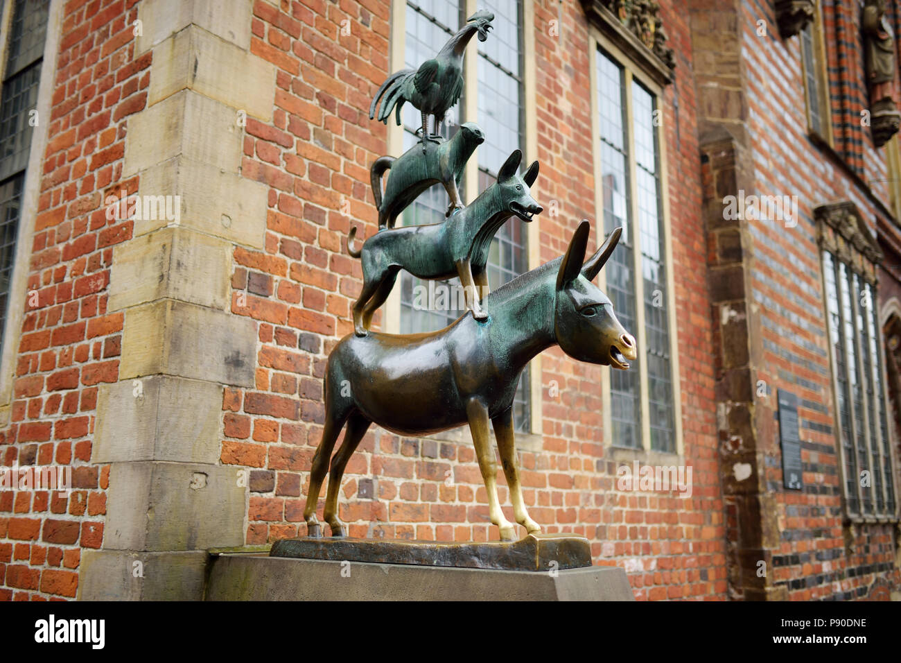 Famous statue in the center of Bremen, depicting the donkey, dog, cat