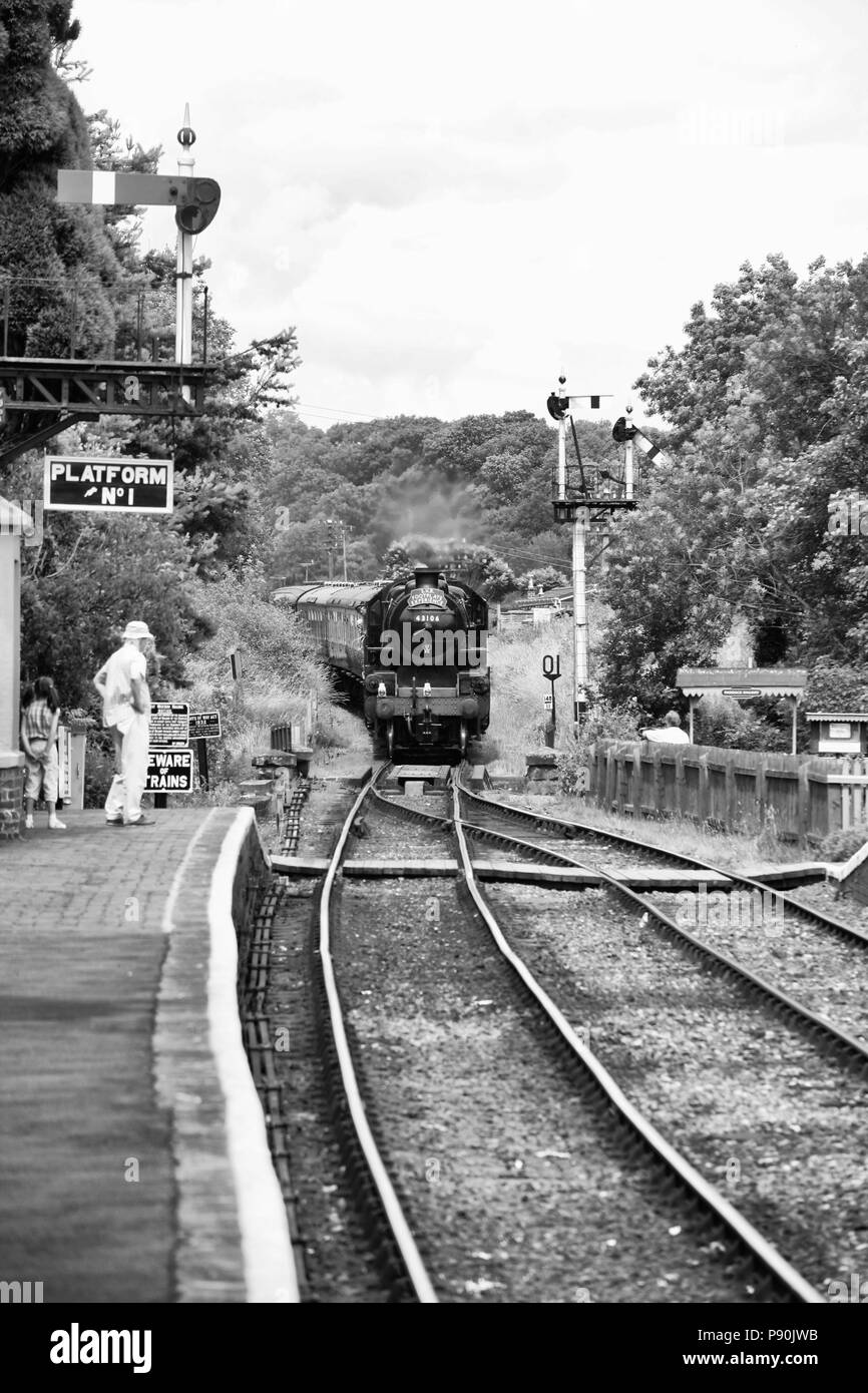 A steam train arriving at the station Stock Photo