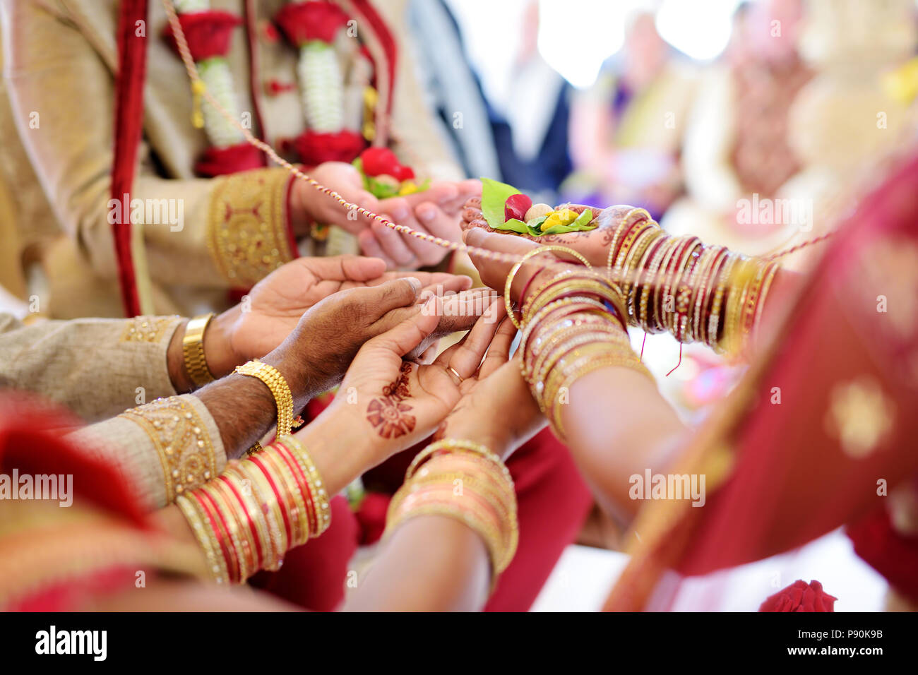 Amazing hindu wedding ceremony. Details of traditional indian wedding. Beautifully decorated hindu wedding accessories. Indian marriage traditions. Stock Photo