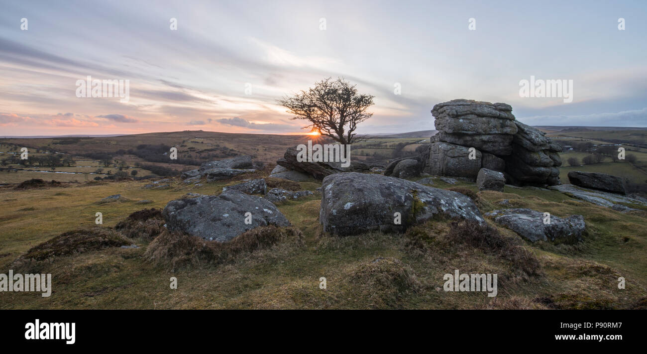 Sunset at Holwell Tor on Dartmoor. Stock Photo