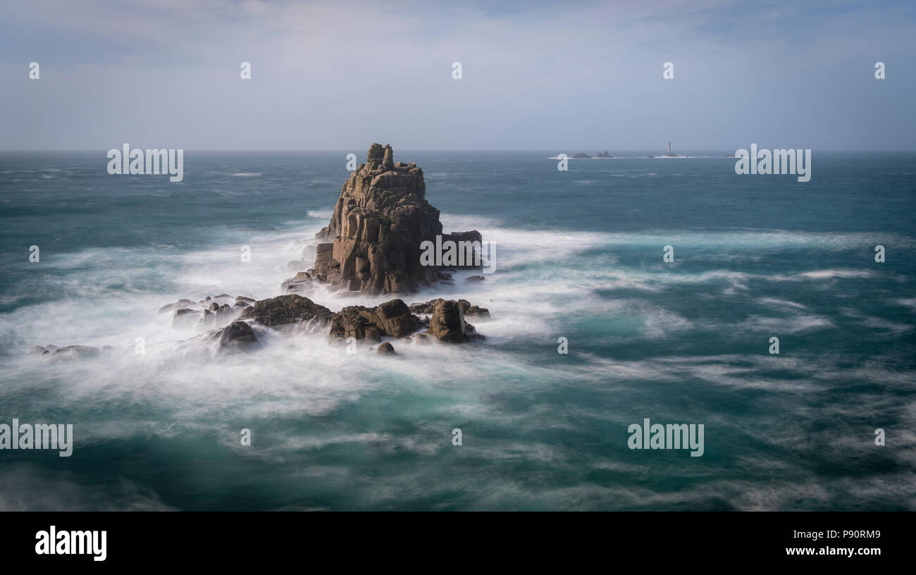 The Armed Knight rock stack off Land's End in West Cornwall. Stock Photo