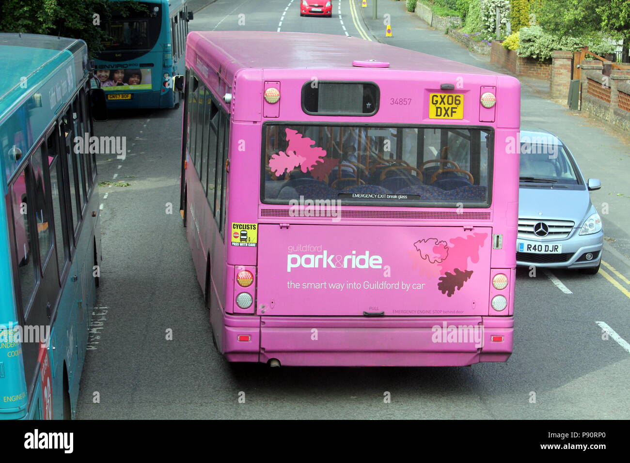 Guildford, England May 28 2018 Rear view of a distinctive Guildford Park and Ride bus on a