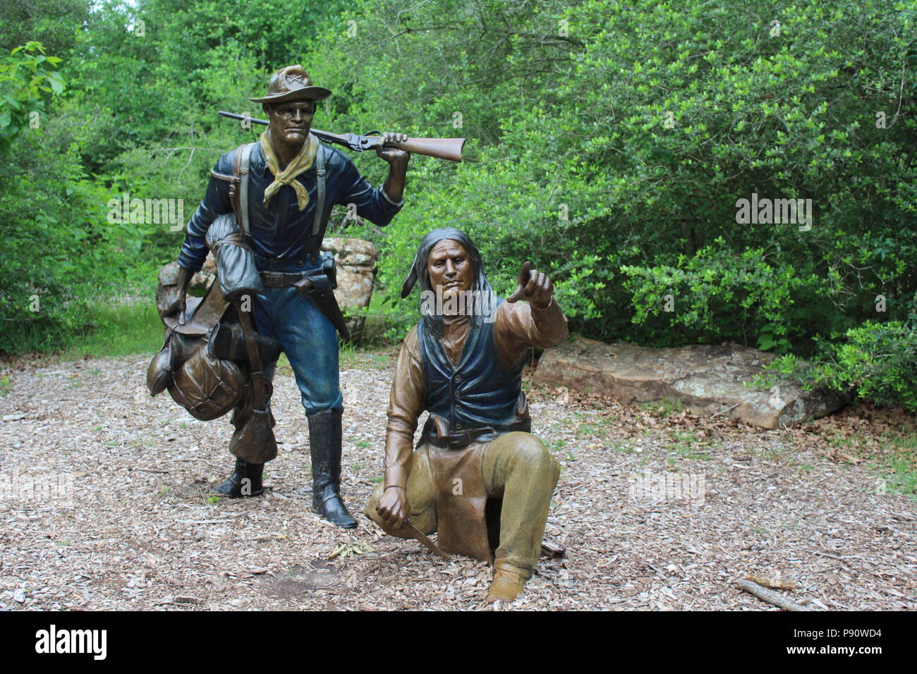 Sculptures by J. Payne Lara representing the Indian Wars in Veteran's Park in College Station, Tx. Stock Photo