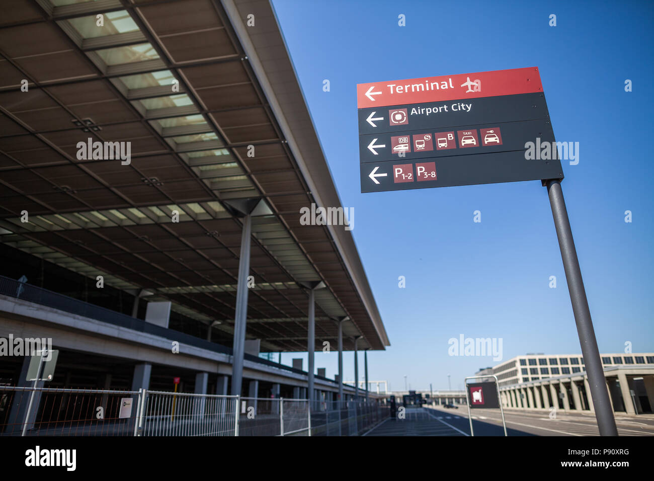 BERLIN / GERMANY - APRIL 29, 2018: Signpost on Passenger terminal Berlin Brandenburg airport, Willy Brandt. The BER is an international airport under  Stock Photo