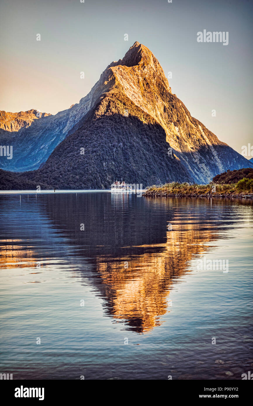 Mitre Peak, Milford Sound, Fiordland National Park,New Zealand. World famous Milford Sound is an icon of New Zealand and a popular tourist destination Stock Photo