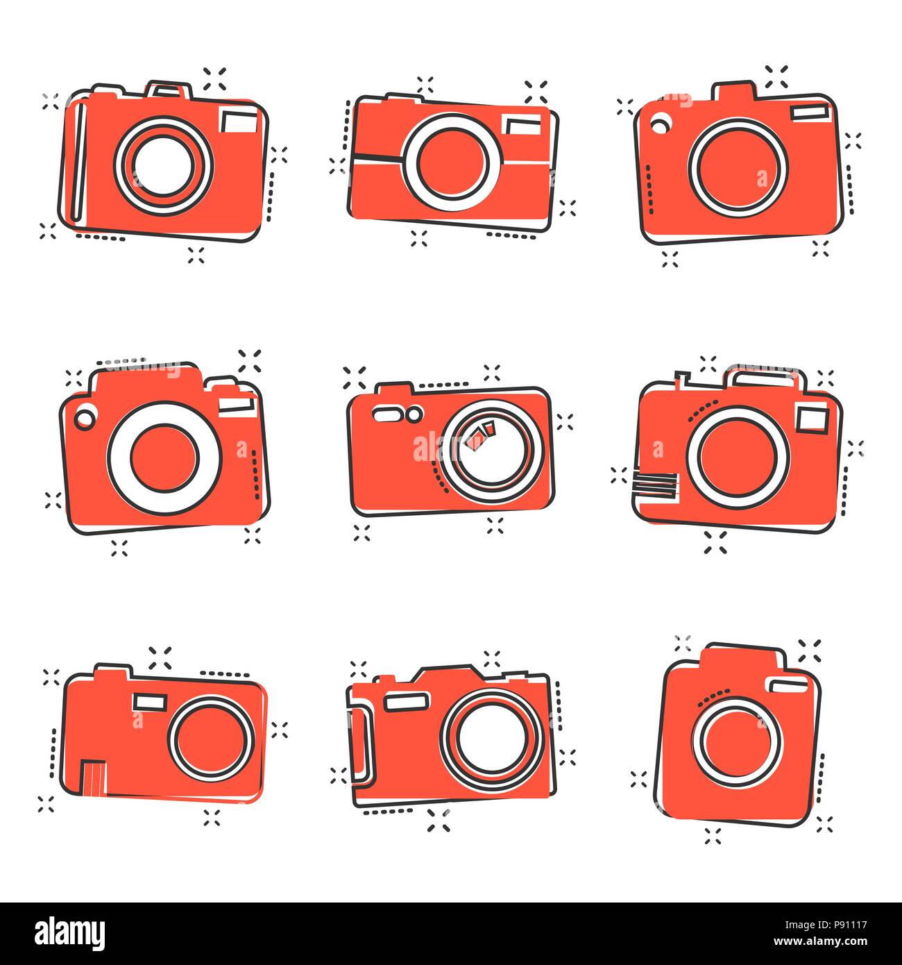 Vector cartoon photo camera set icon in comic style. Photographer cam
