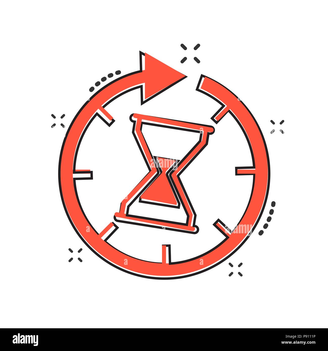 Vector cartoon time icon in comic style. Hourglass sign illustration pictogram. Sandglass clock business splash effect concept. Stock Vector