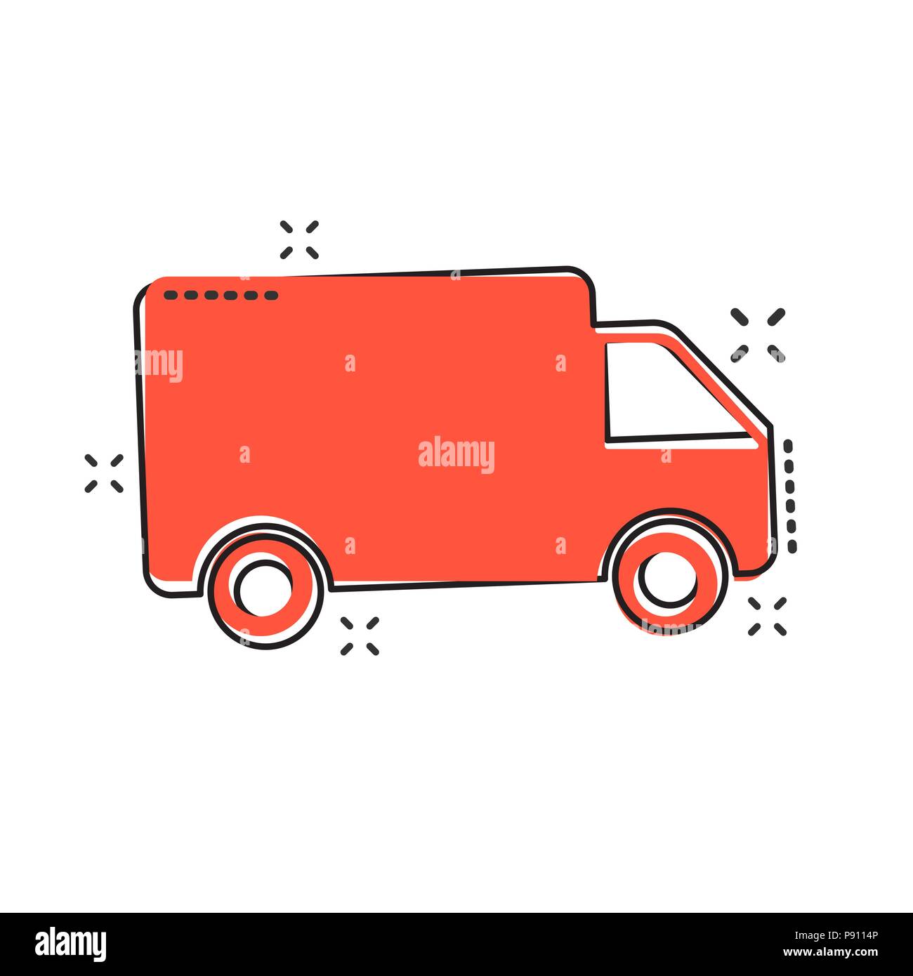 Vector cartoon truck, car icon in comic style. Fast delivery service shipping sign illustration pictogram. Car van business splash effect concept. Stock Vector
