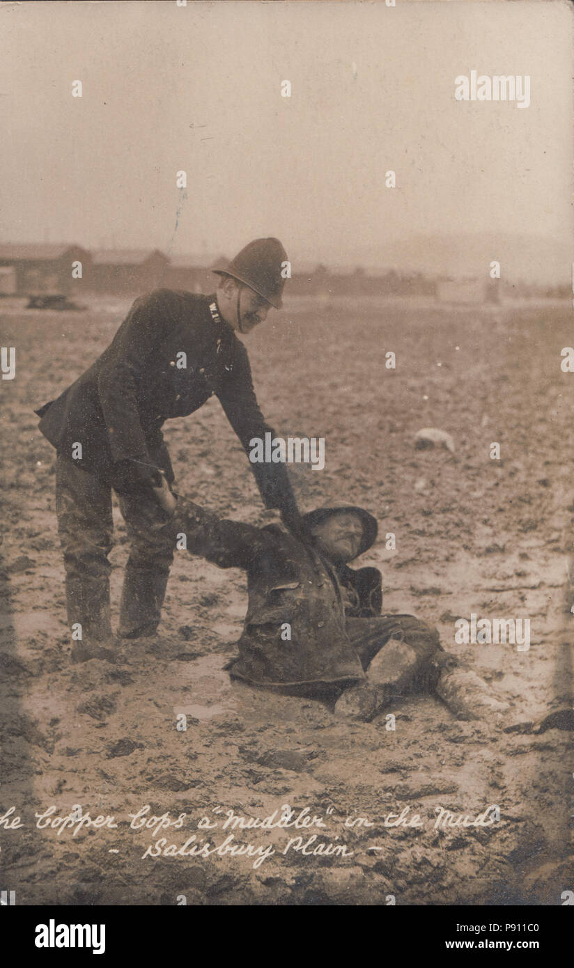 Vintage Photograph of a Policeman In The Mud of Salisbury Plain, Wiltshire, England. Stock Photo