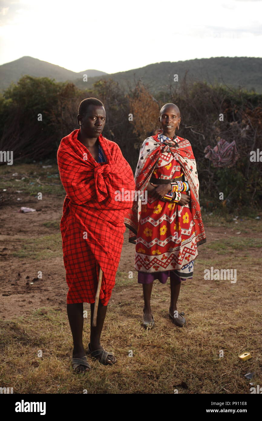 Masai man and women, husband and wife Masai family dressed in traditional clothes Stock Photo