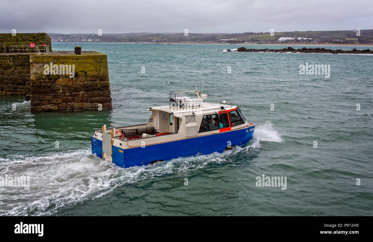 Passenger amphibious boat leaving St Michael's Mount in Cornwall, UK taken on 1 March 2016 Stock Photo