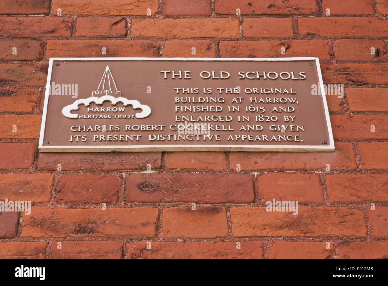 A plaque by Harrow Heritage Trust for The Old Schools. This is the original building at Harrow, finished in 1615 for Harrow School. Stock Photo