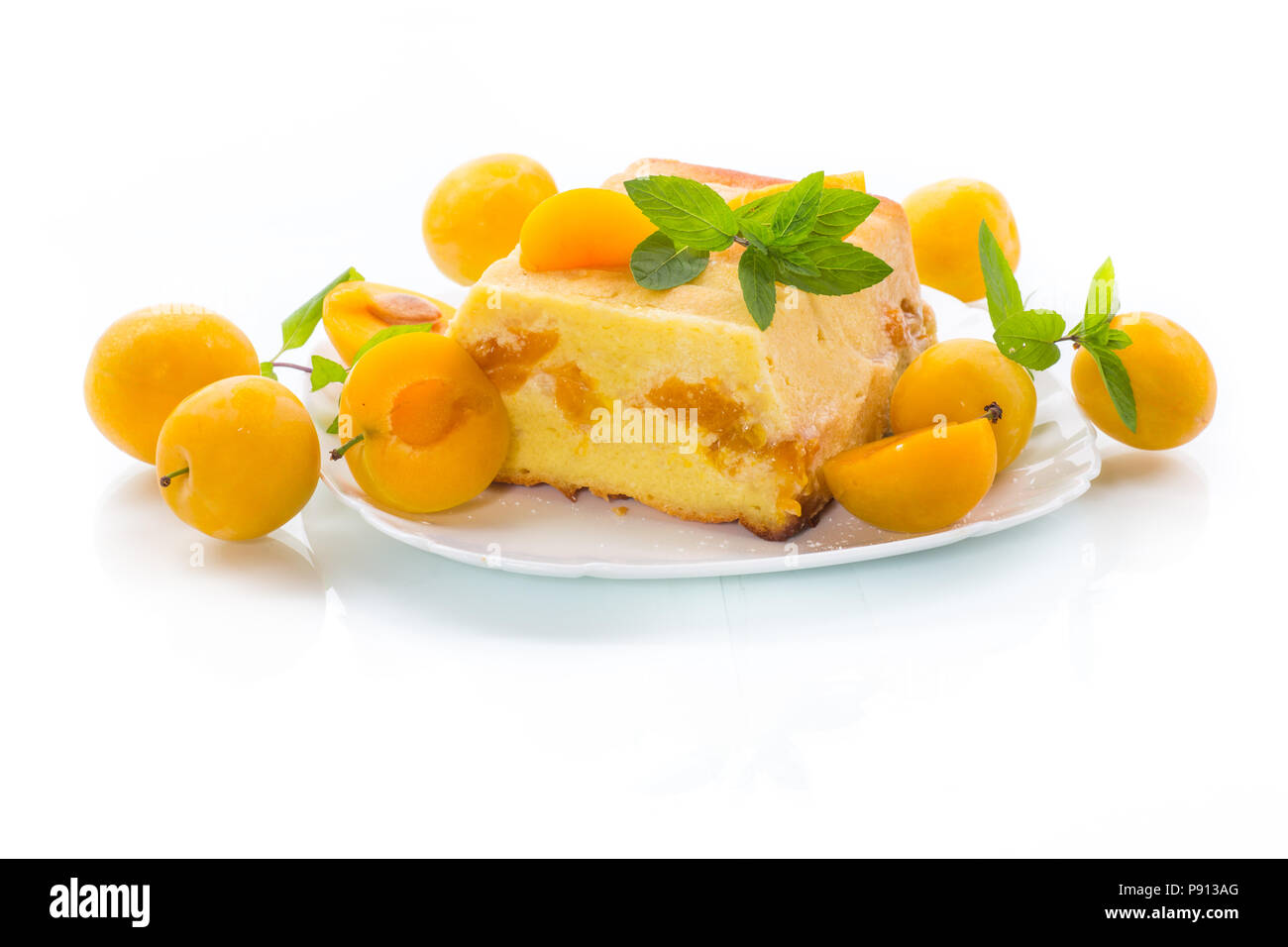 sweet curd casserole stuffed with yellow plums inside Stock Photo Alamy