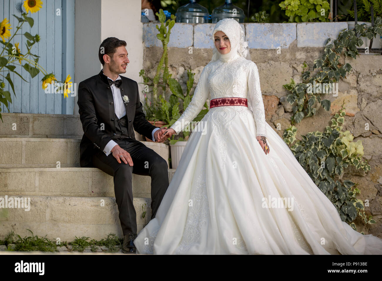 Muslim bride and groom Islamic wedding ceremony Middle Easterner traditional Muslim wedding Stock Photo
