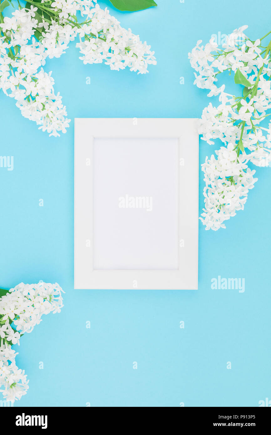 Creative flat lay concept top view of blank postcard frame mock up and ...