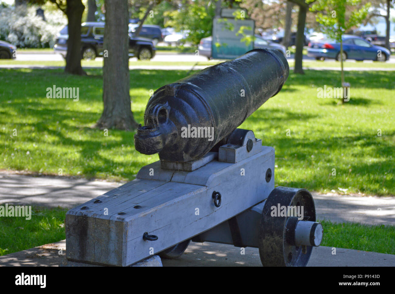 Kingston, Ontario, Canada: June, 2018.  A canon, formerly used in the early 1800's as part of the Kingston naval defense (at a Martello Tower). Stock Photo