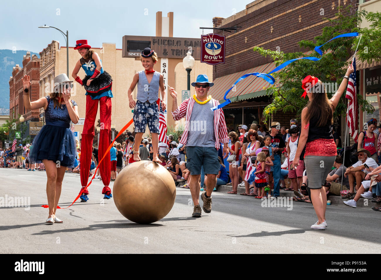 Salida Circus characters march in annual Fourth of July Parade in the small mountain town of Salida; Colorado; USA Stock Photo