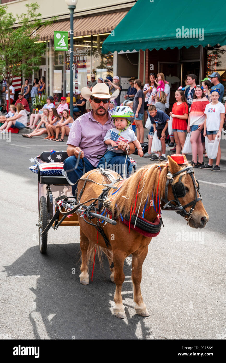 Father & baby in miniature horse drawn wagon; annual Fourth of July Parade in the small mountain town of Salida; Colorado; USA Stock Photo