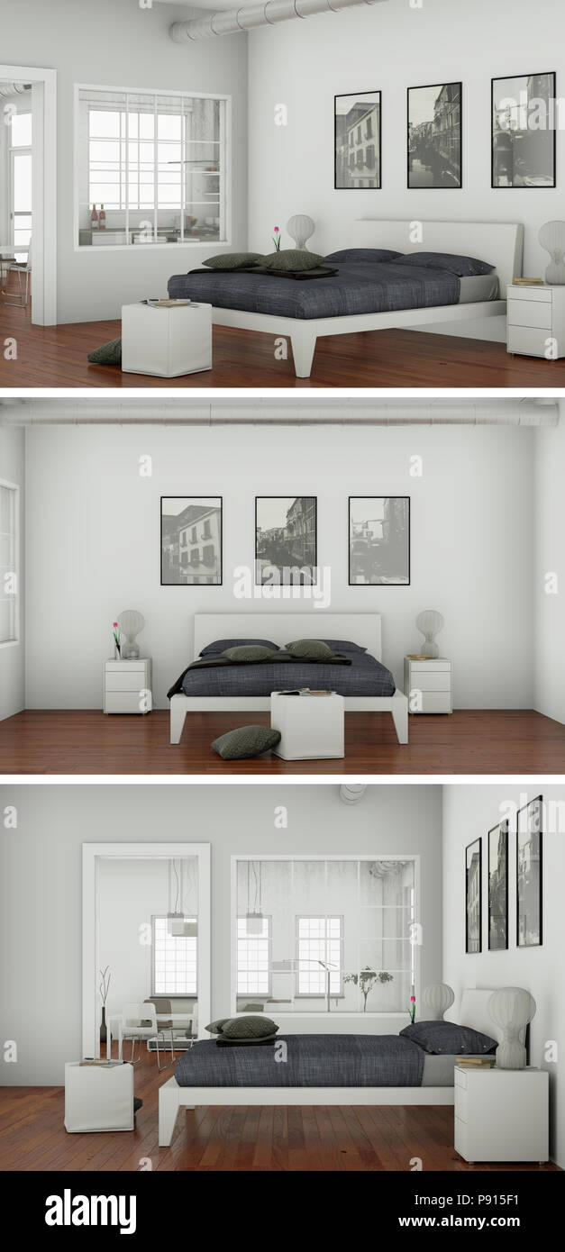 Three views of modern interior loft design Stock Photo