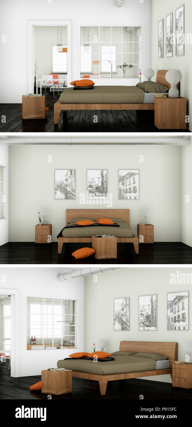 Three views of modern interior loft design Stock Photo