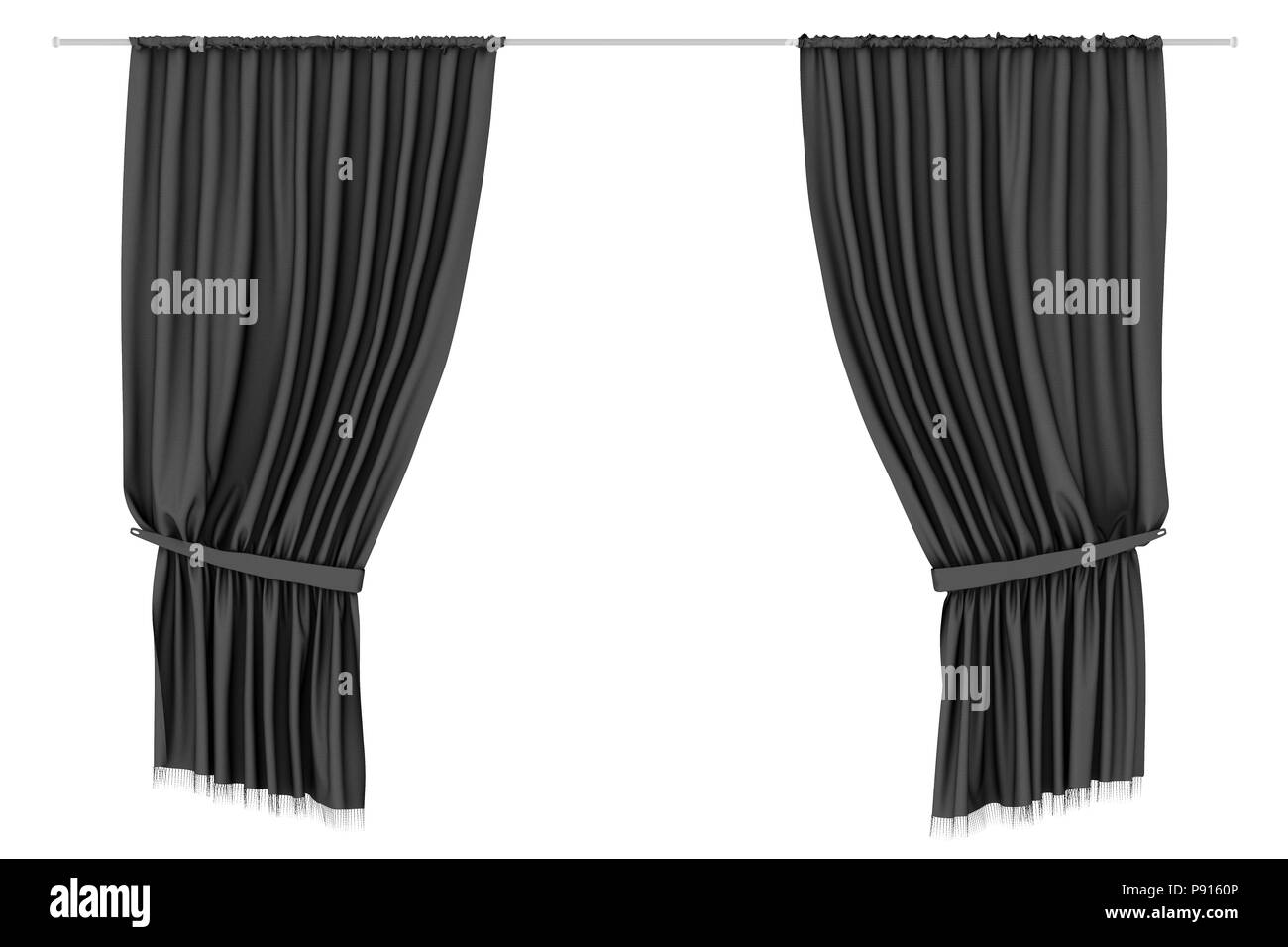 Black curtains isolated on white background. Include clipping path. 3d