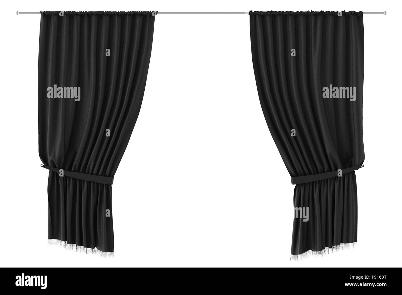 Black curtains isolated on white background. Include clipping path. 3d