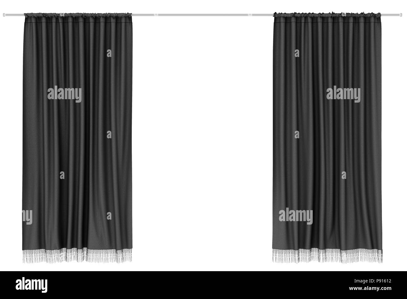 Black curtains isolated on white background. Include clipping path. 3d