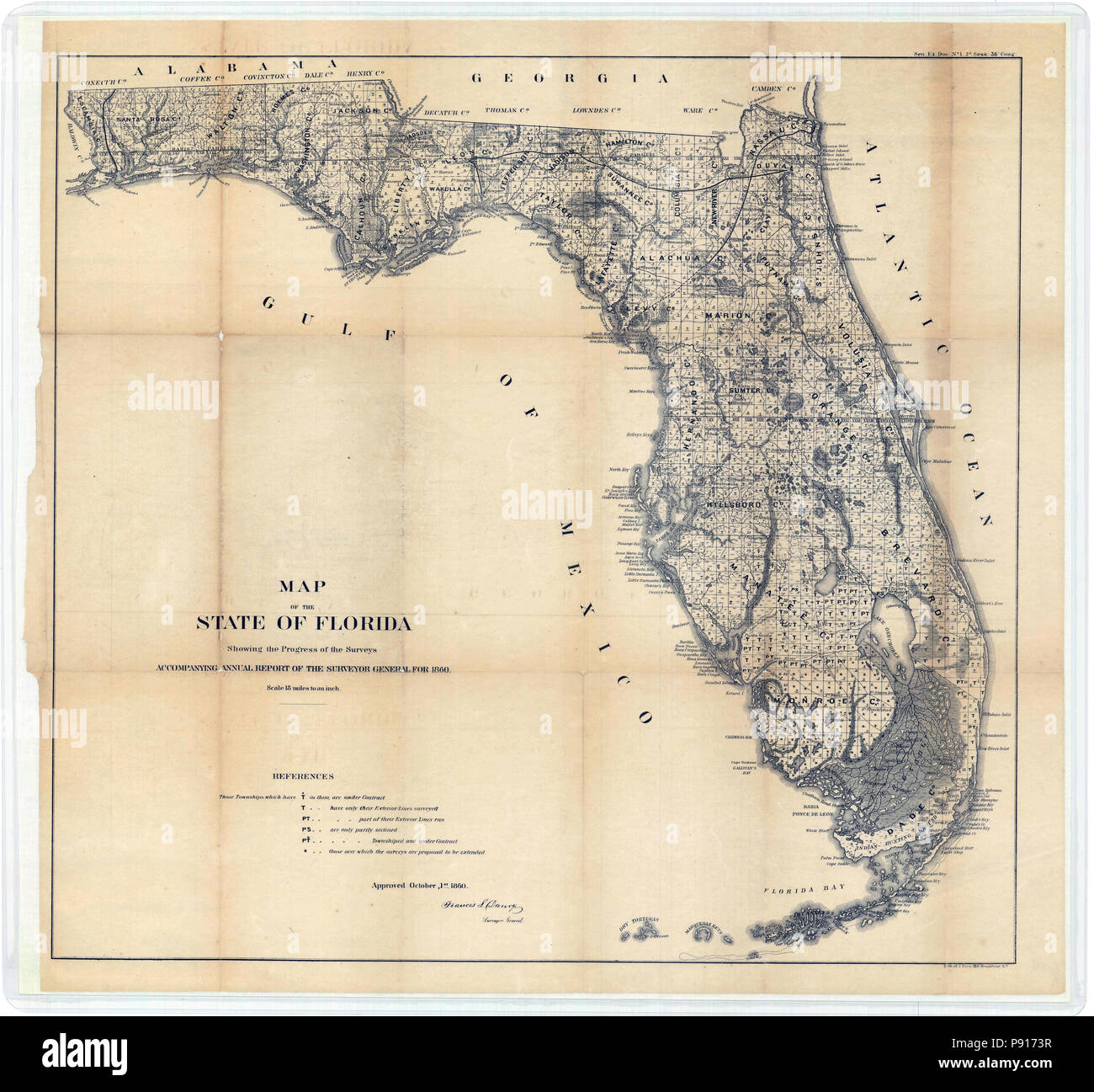 Map of Florida Representing the Several Land Districts, from the Surveyor General's Report 1860 Stock Photo