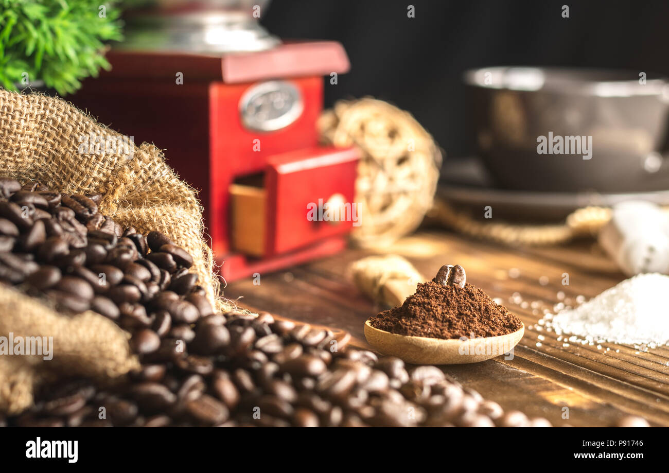 close up coffee bean on Coffee grind under spoon Stock Photo