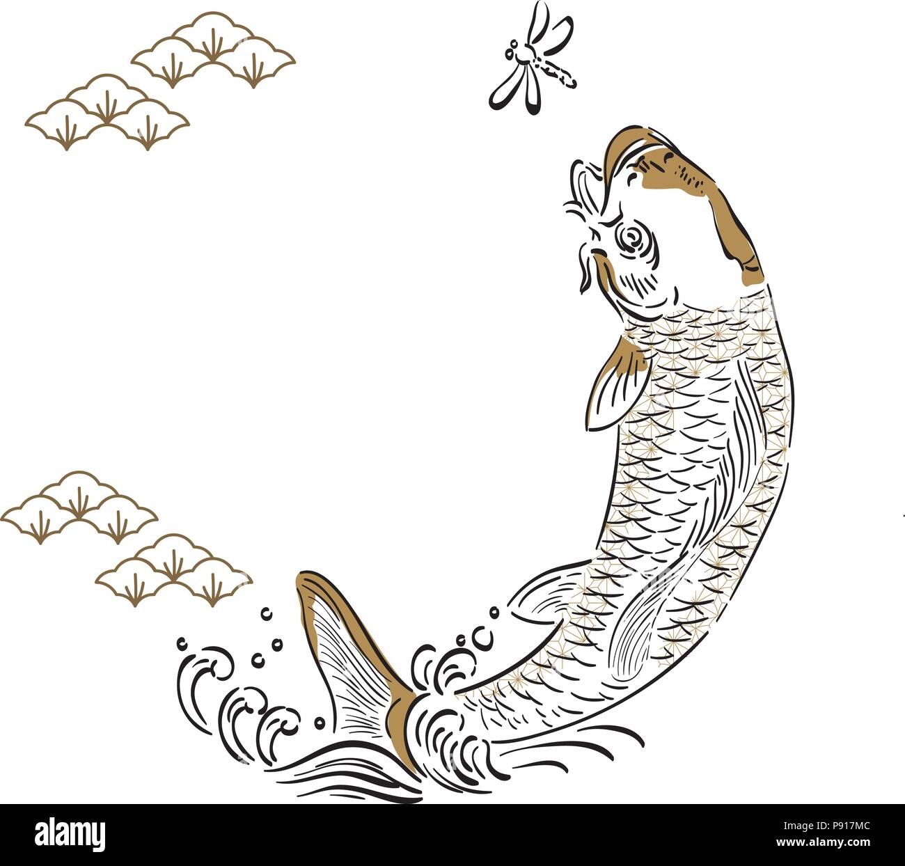 Japanese template vector. Gold hand drawn card fish background. Japanese pattern. Stock Vector