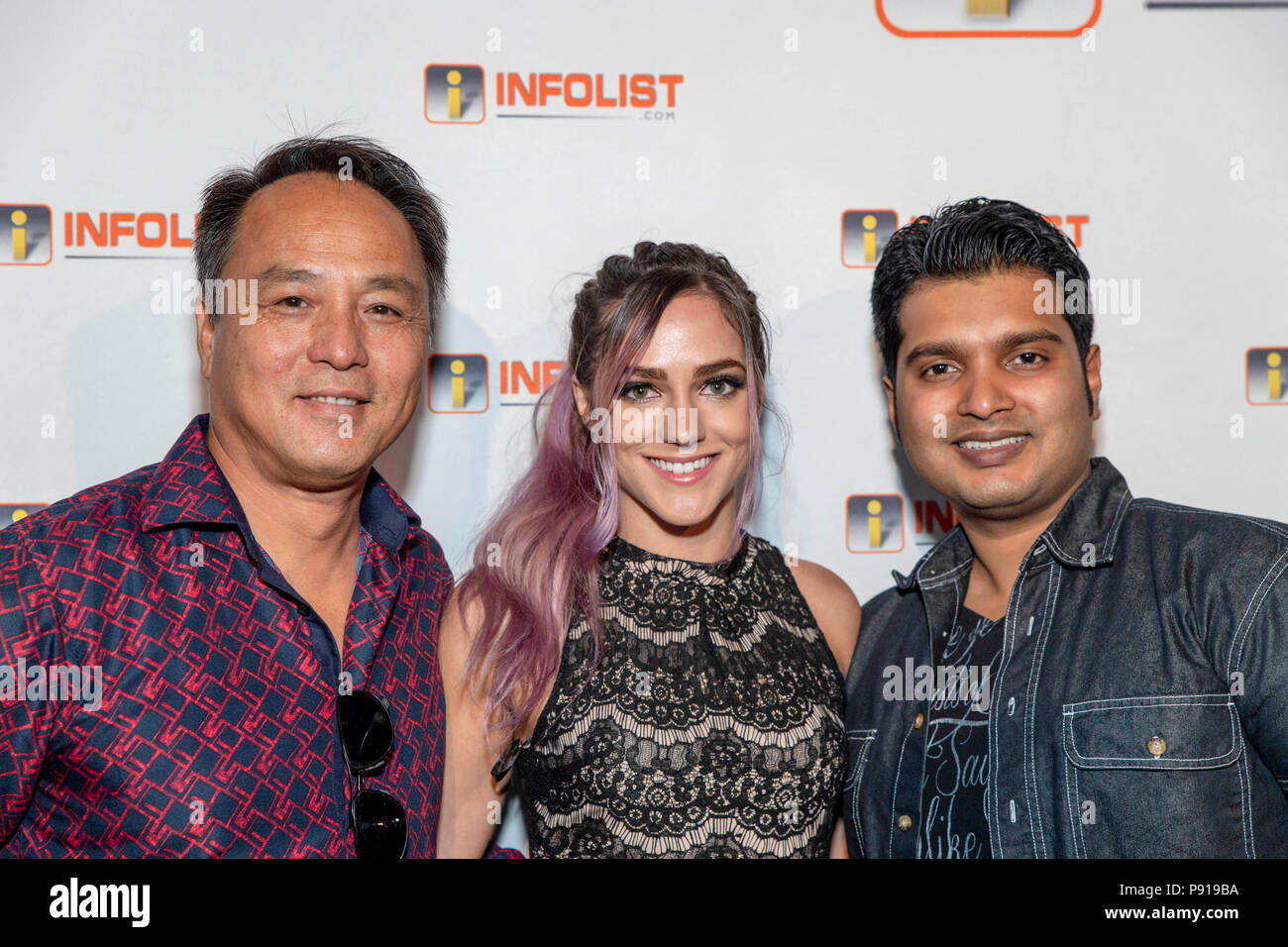 Hollywood, USA, 13 July 2018. Minh Collins, Courtney Akbar and Asif Akbar attend InfoList Pre Comic-Con Bash at OHM Nighclub, Hollywood, California on July 12, 2018 Credit: Eugene Powers/Alamy Live News Stock Photo