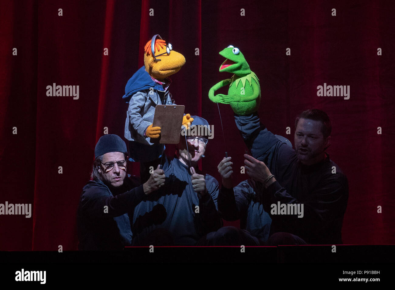 The O2 Arena, UK. 13th July 2018,Kermit and Scooter  At The Muppets Take The O2, Peninsula Square, London. © Jason Richardson / Alamy Live News Stock Photo