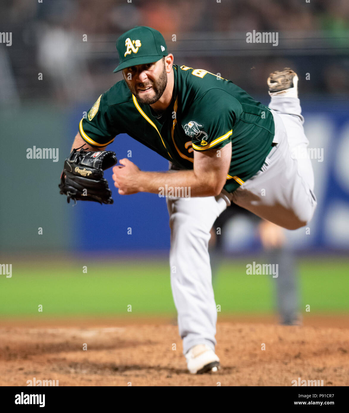 July 13, 2018: Making his MLB debut, Oakland Athletics relief pitcher Jeremy Bleich (56) throws in the seventh inning, during a MLB game between the Oakland Athletics and the San Francisco Giants at AT&T Park in San Francisco, California. He only faced two batters, giving up a double on the first and hitting the second. Valerie Shoaps/CSM Stock Photo