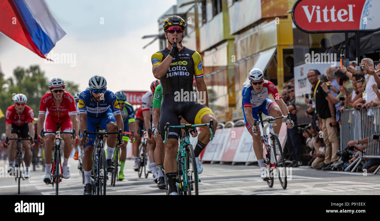 Chartres, France - July 13, 2018: The Dutch cyclist Dylan Groenewegen of LottoNL-Jumbo Team celebrates his victory in Chartres after the longest stage, Fougeres-Chartres, of Le Tour de France 2018. Credit: Radu Razvan/Alamy Live News Stock Photo