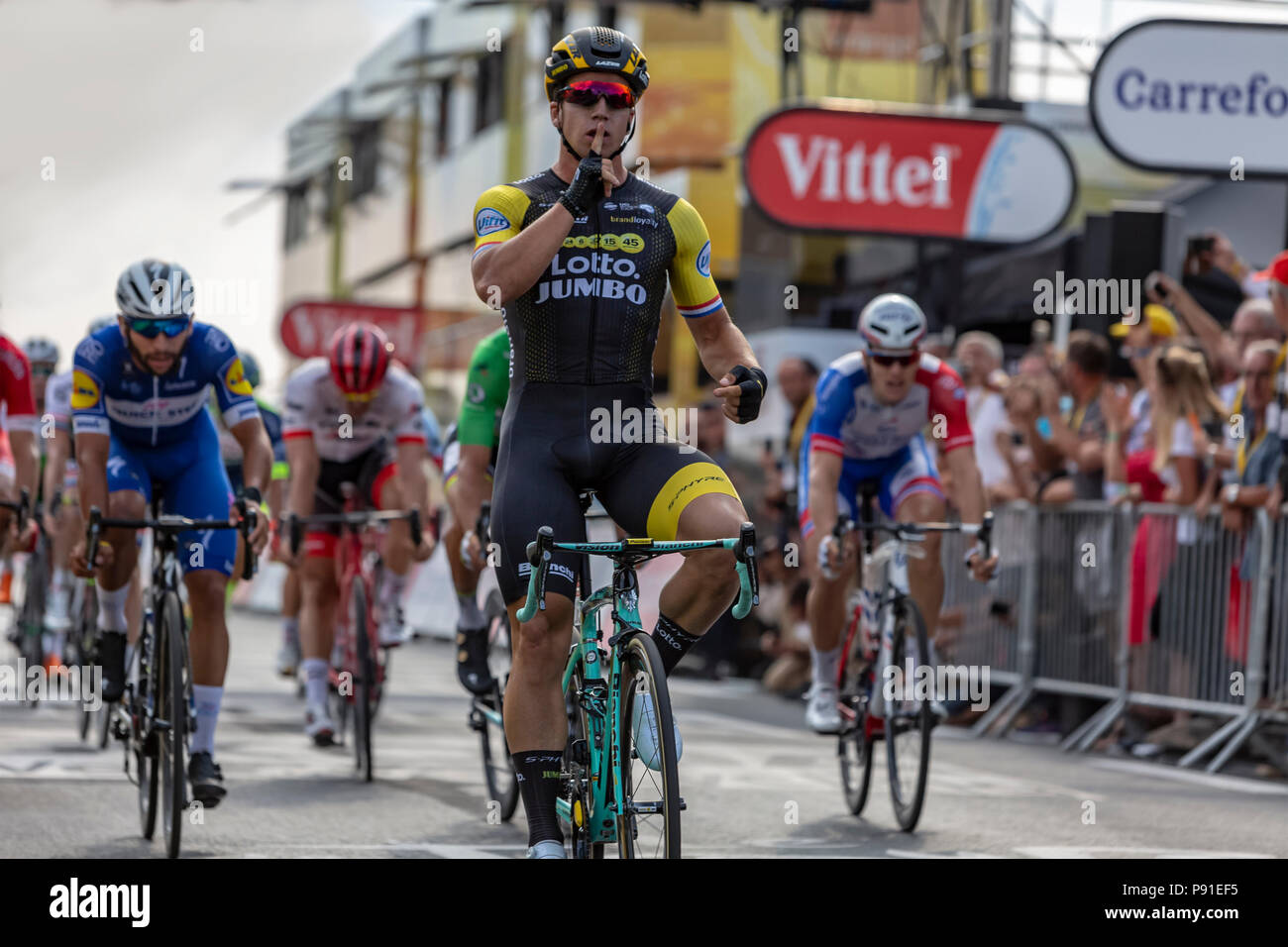 Chartres, France - July 13, 2018: The Dutch cyclist Dylan Groenewegen of LottoNL-Jumbo Team celebrates his victory in Chartres after the longest stage, Fougeres-Chartres, of Le Tour de France 2018. Credit: Radu Razvan/Alamy Live News Stock Photo
