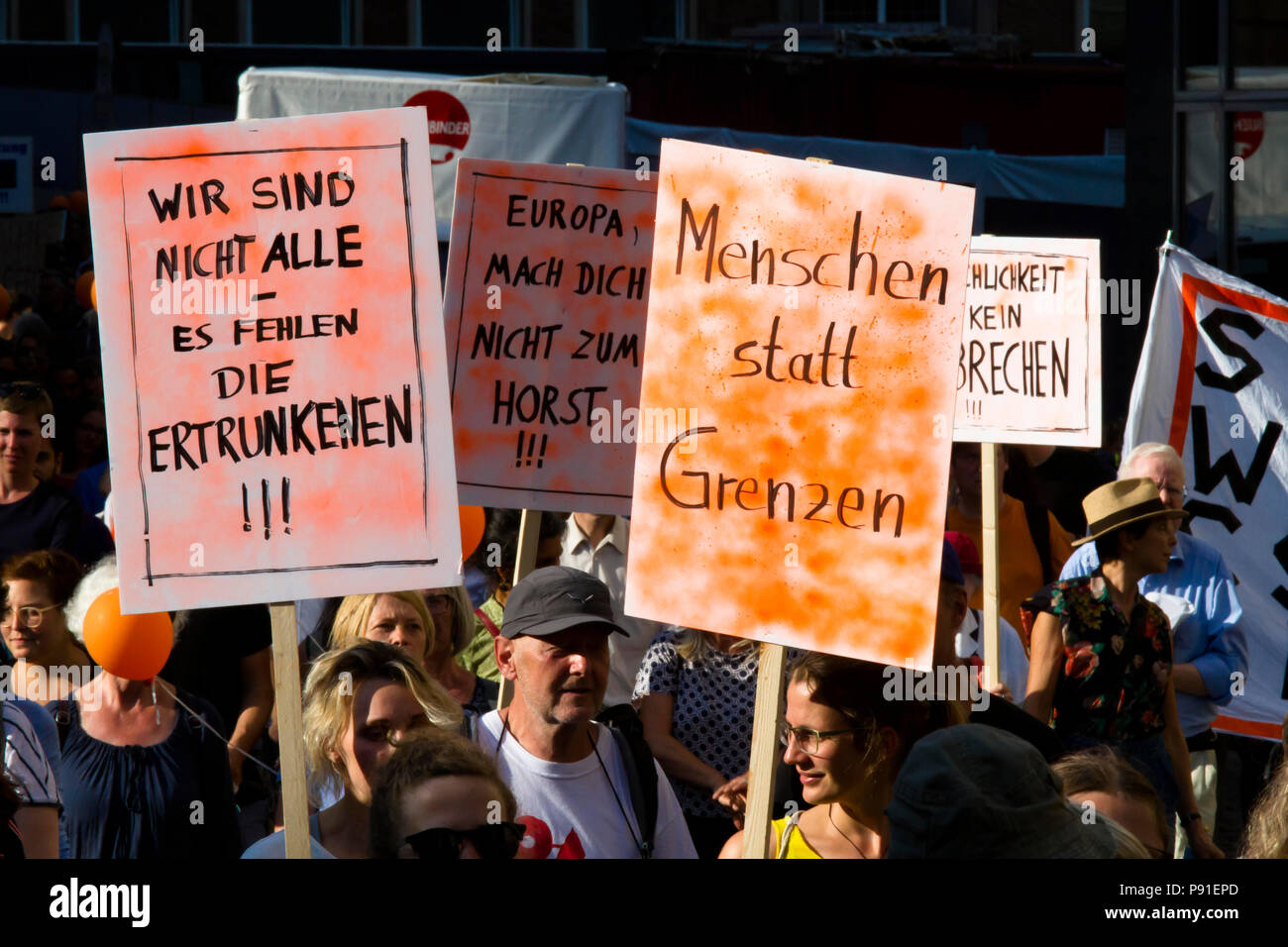 Cologne, Germany, 13 July 2018. Several thousand people demonstrate on July 13, 2018 in Cologne for the rescue of refugees from the Mediterranean Sea. Under the motto 'Stop dying in the Mediterranean', a coalition of initiatives, political groups and private individuals wants to send a signal for humanity. Cologne, Germany.   Credit: Joern Sackermann/Alamy Live News Stock Photo