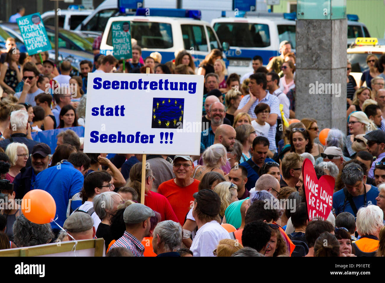 Cologne, Germany, 13 July 2018. Several thousand people demonstrate on July 13, 2018 in Cologne for the rescue of refugees from the Mediterranean Sea. Under the motto 'Stop dying in the Mediterranean', a coalition of initiatives, political groups and private individuals wants to send a signal for humanity. Cologne, Germany.   Credit: Joern Sackermann/Alamy Live News Stock Photo